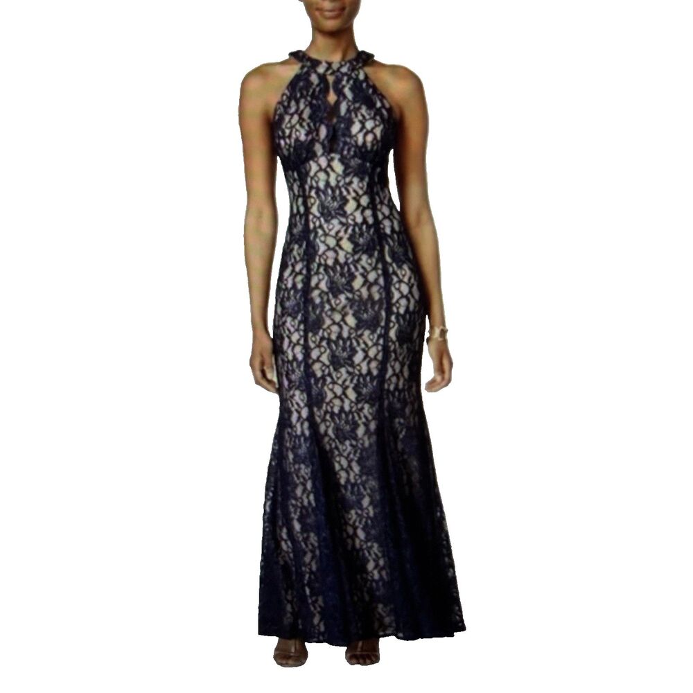 Nightway Lace Keyhole Halter Mermaid Gown Dress Navy Blue Nude Glitter Formal- 4